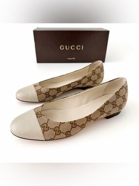 GUCCI | GG Monogram Beige Canvas Ballet Flats Ivory Leather Cap Toe EU 38.5